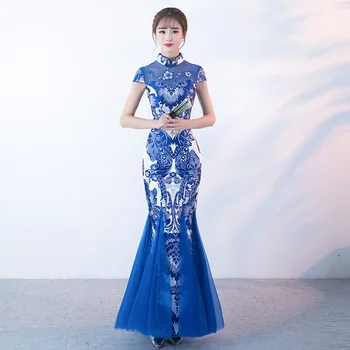 

Blue White Porcelain Chinese Traditional Evening Gown Fashion Mermaid Long Modern Qipao Cheongsam Oriental Dresses Custom