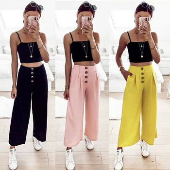 

Women Summer Pure color Wide Leg Pants Button Loose Ankle Length Pants Casual Elastic Waist High Waist Straight Trousers