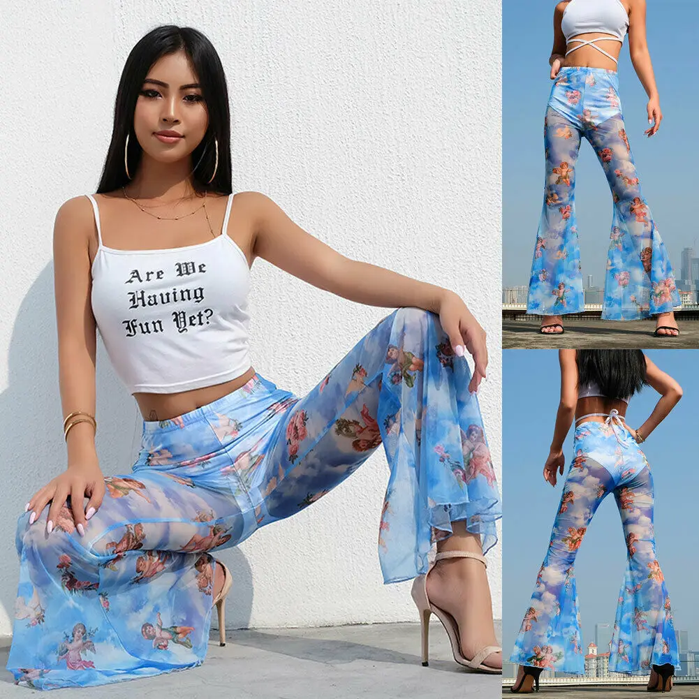

Hirigin Women Boho Angel High Waist Mesh Sheer Transparent Long Pants Printed Wide Leg Long Flared Bell Bottom Pants