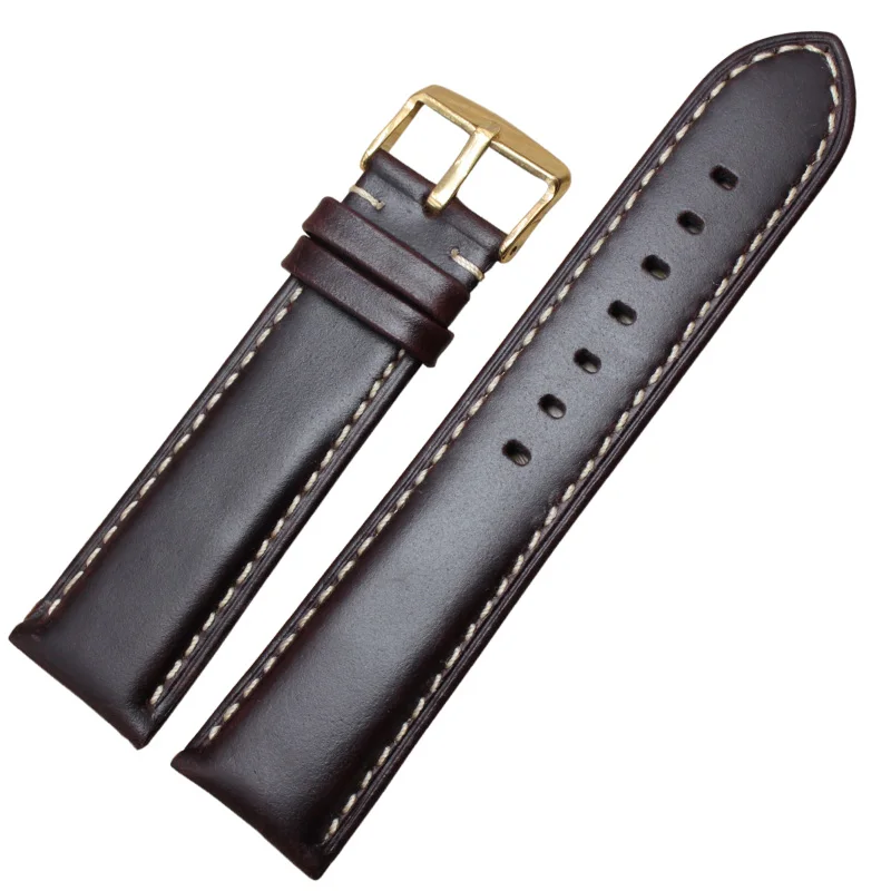 Elegant Genuine Leather Watch Band Strap – Black & Dark Brown with Polished Buckle