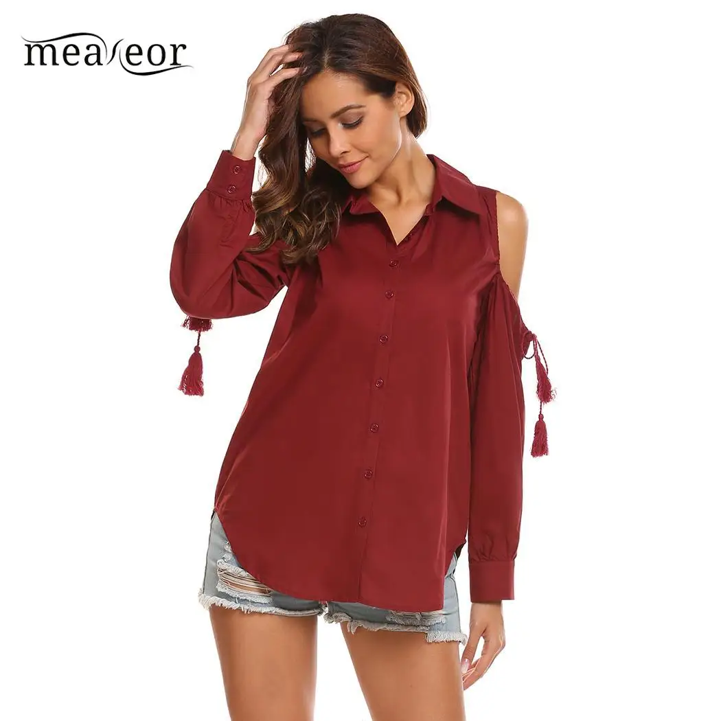 

Meaneor Long Sleeve Shirts for Female Summer Top Shirts Cold Shoulder Tie Button Up Curved Hem Soft Casual Women Shirt Blouse