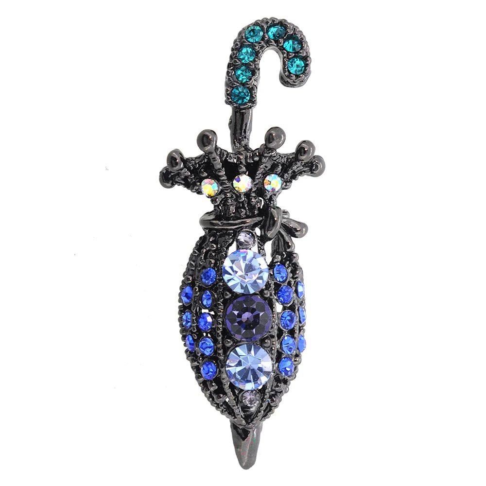 Fantasyard Flower Umbrella Crystal Brooch Pin - Blue - 0.75 x 2 in.