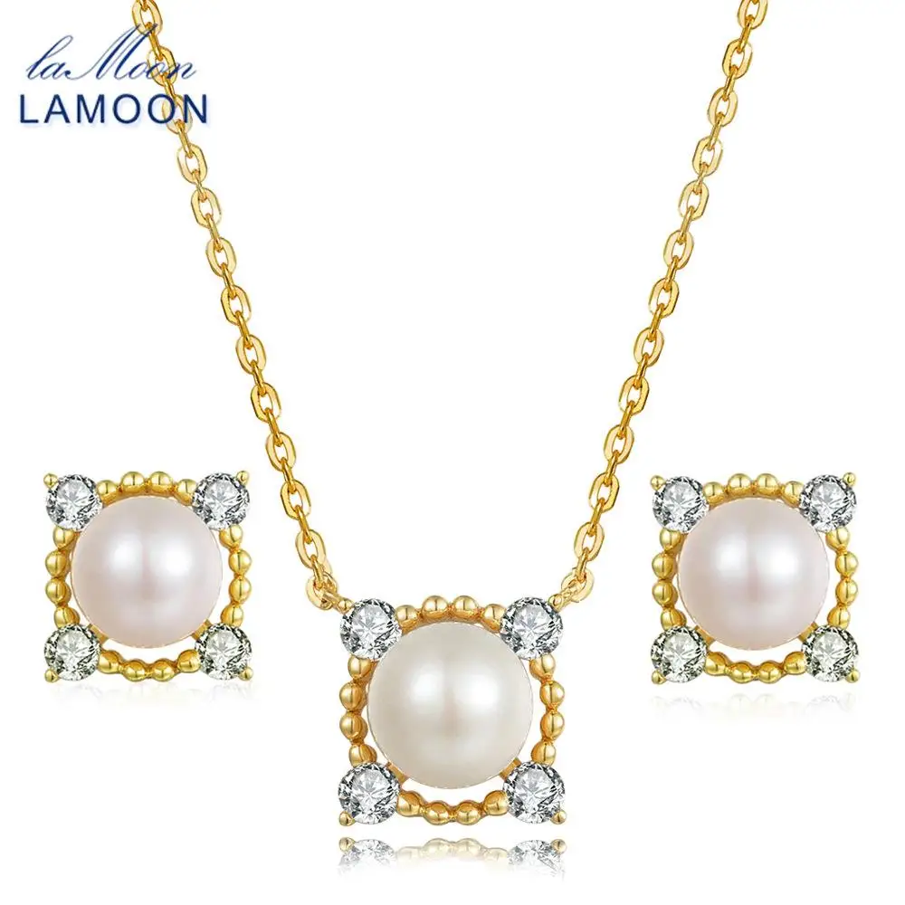 LAMOON 8mm 100% Natural Freshwater Pearl Jewelry 925 Sterling Silver Jewelry Pendant Jewelry Set V036-2 crystal jewelry set sterling silver jewelry 100% 925 formal jewelry set natural freshwater pearl