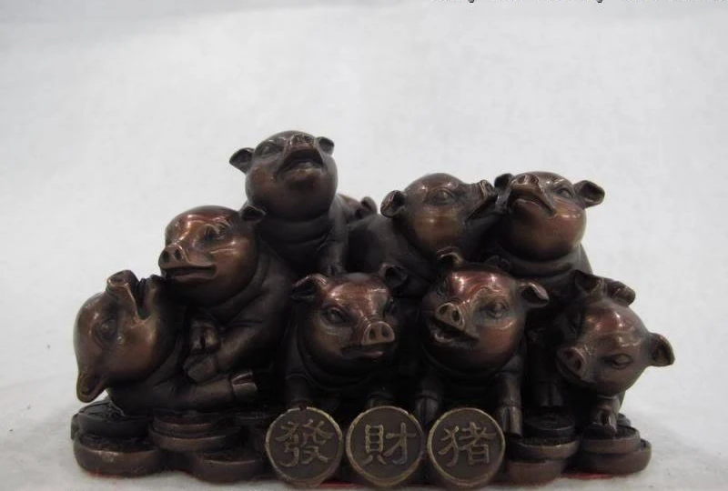 

Chinese Bronze Copper Carved eight Wealth Money Hannaford Pig Feng Shui statue