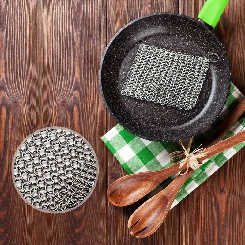 8 дюймов X 6 дюймов чугунная мочалка из нержавеющей стали 316L Chainmail Scrubber для чугунная сковородка предварительно приправленная сковорода