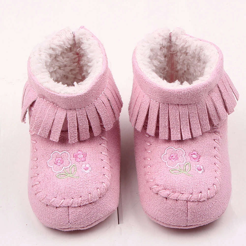 Baby Girls Winter Warm Snow Boots Pink Plush Tassels Crib Shoes Infant