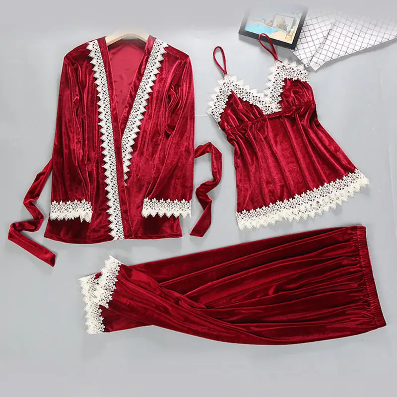 Комплект из 3 предметов, сексуальная женская Золотая Бархатная Пижама,, осенне-зимняя кружевная одежда для сна, пижама для женщин, пижама с единорогом, Ночная одежда - Цвет: Wine Red