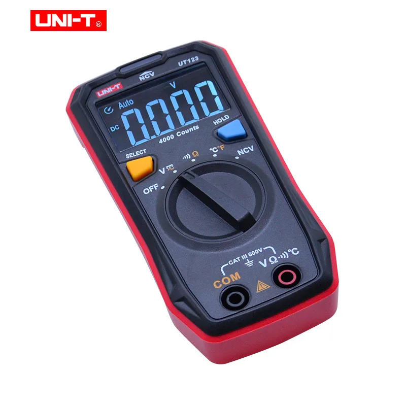 Koop UNI T 4000 Counts Mini Digitale Multimeter UT123 EBTN Kleur Screen Display AC DC Spanning Temperatuur NCV Tester