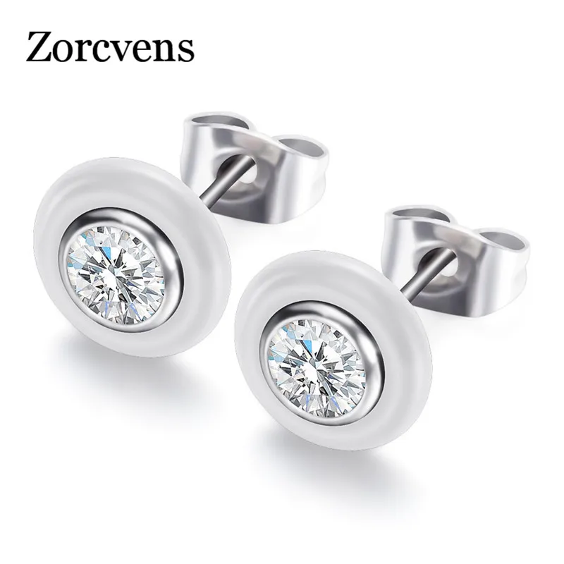 ZORCVENS Женские Классические черные белые керамические полые круглые с одним большим кристаллом серьги-гвоздики круглые модные свадебные украшения