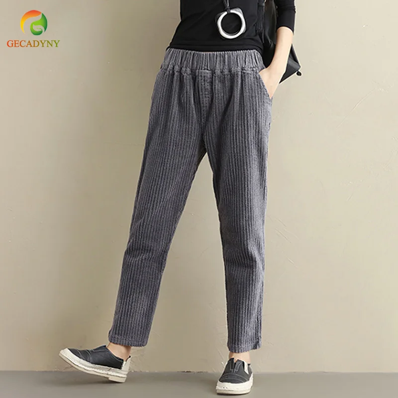 

Literary Style Harem Corduroy Pants New Autumn Winter Leisure All-Match Plus Size Simple Elastic Waist Pockets Long Harem Pants