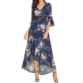 

2019 Summer Women Boho Floral Print Long Dress Lace Patchwork Hollow Out Party Dress V Neck Flare Sleeve Beach Dress