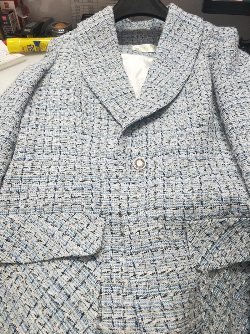 2019 весна осень женская брендовая Синяя Клетчатая шаль блейзеры с воротом пальто одна кнопка женский элегантный твидовый Блейзер Y288