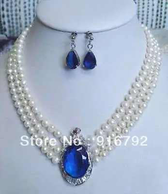 

Wholesale free shipping 3 rows white pearl pendant necklace earrings Set