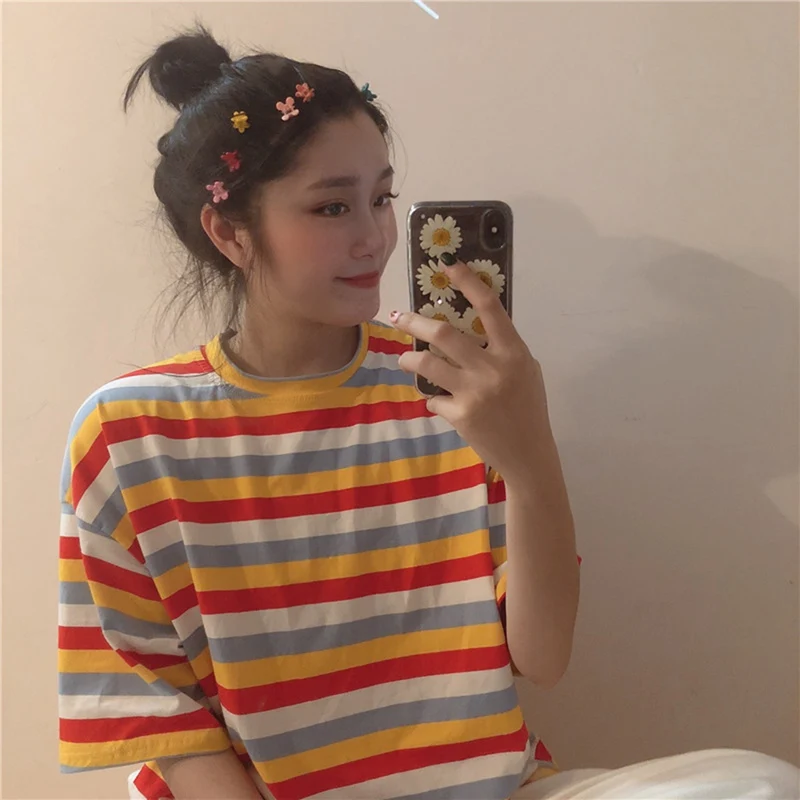 

Rainbow Loose Short Sleeve T-Shirt Women's College Wind Top Short Sleeve Korean Punk T-shirt Ins Chic Top For Women Casual