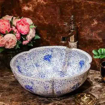 

Bathroom Lavabo Ceramic Counter Top Wash Basin Cloakroom Hand Painted Vessel Sink bathroom sink Blue and white flower wash basin