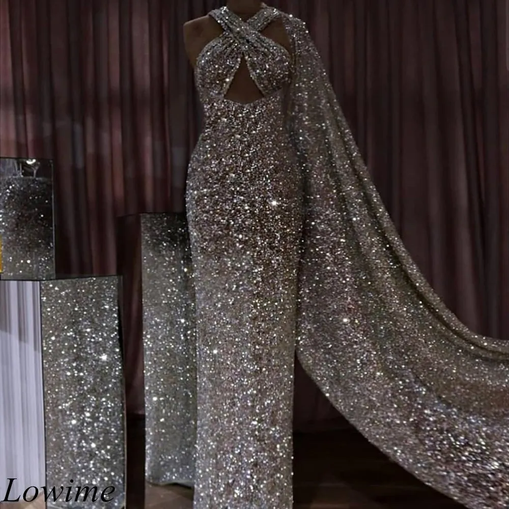 Luxury Sparkly Silver Dubai Evening Dresses Long Mermaid Plus Size Criss Cross Arabic Prom Party Gowns With Long Cloak