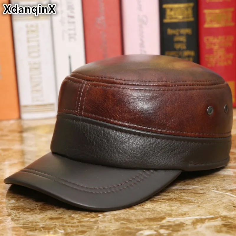 

XdanqinX Adjustable Size Brands Genuine Leather Hat Women's Military Hats Autumn Winter Cowhide Warm Men's Flat Caps With Ears