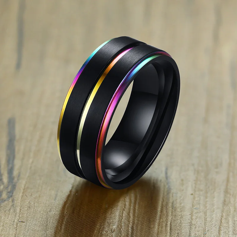 NEWBUY Cool Thin Rainbow Line Wedding Rings for Men 8MM Black Stainless Steel Boy Anel Masculino Matte Finished Accessories