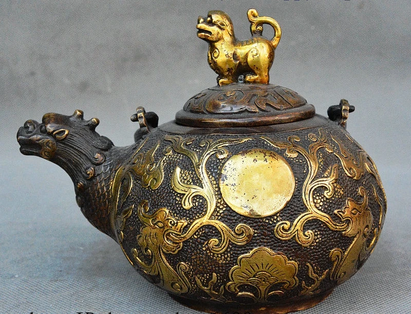 

China Bronze Gilt Pi Xiu Beast Dragons Loong Totem Portable Teapot Pot Tea Maker