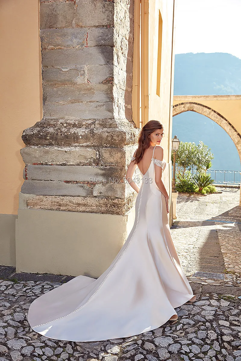 US $89.00 Mermaid Satin Wedding Dresses V Neck Off The Shoulder Beaded Straps Wedding Bride Gowns 2021 Backless Vestido Noiva With Buttons
