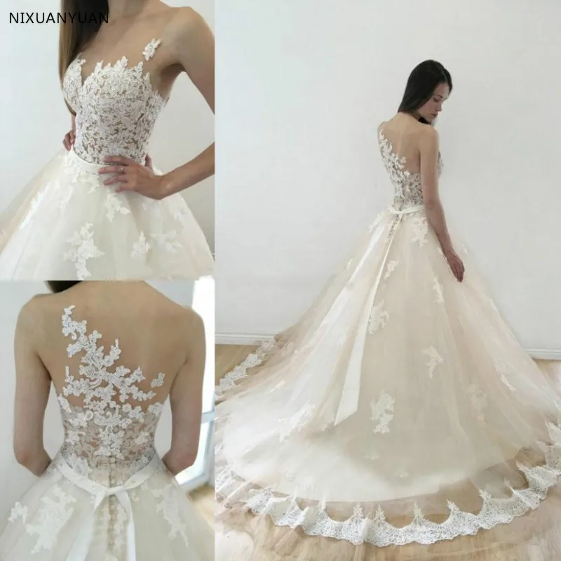 

2019 Elegant Ball Gown Wedding Dresses Sexy Sheer Neck Appliques Illusion Tulle Court Train Wedding Gowns Elegant Bridal Dress