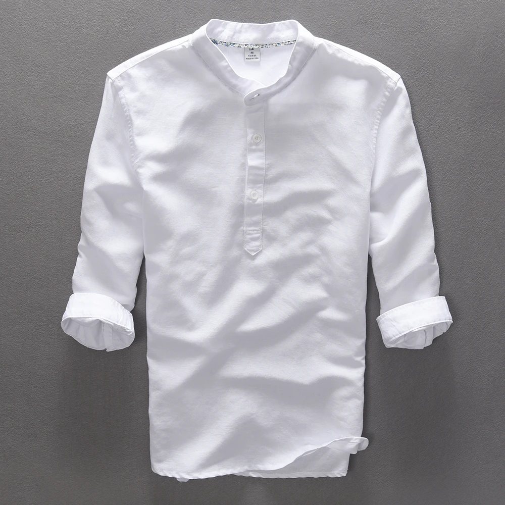 En Ligne 2016 Nouveaux Hommes de Chemises Manches Trois Quarts Plein Robe en Lin Chemise Hommes Stand Col Qualité Casual Chemises Homme Livraison gratuite
