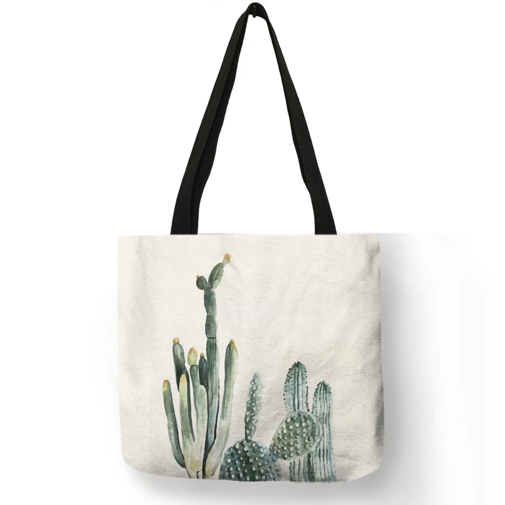

Customize Watercolor Green Plant Print Women Fashion Handbags Eco Reusable Shopping Bag Fabric Totes Lady Girl Portable Pouch