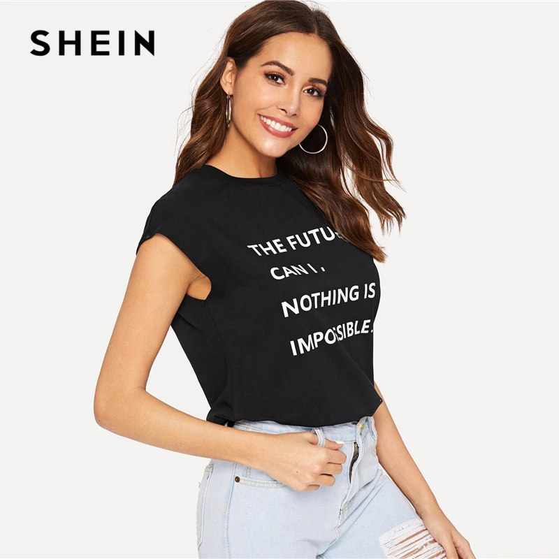 SHEIN Футболка С Текстовым Принтом Женский Летний Черный Повседневный Топ Без Рукавов