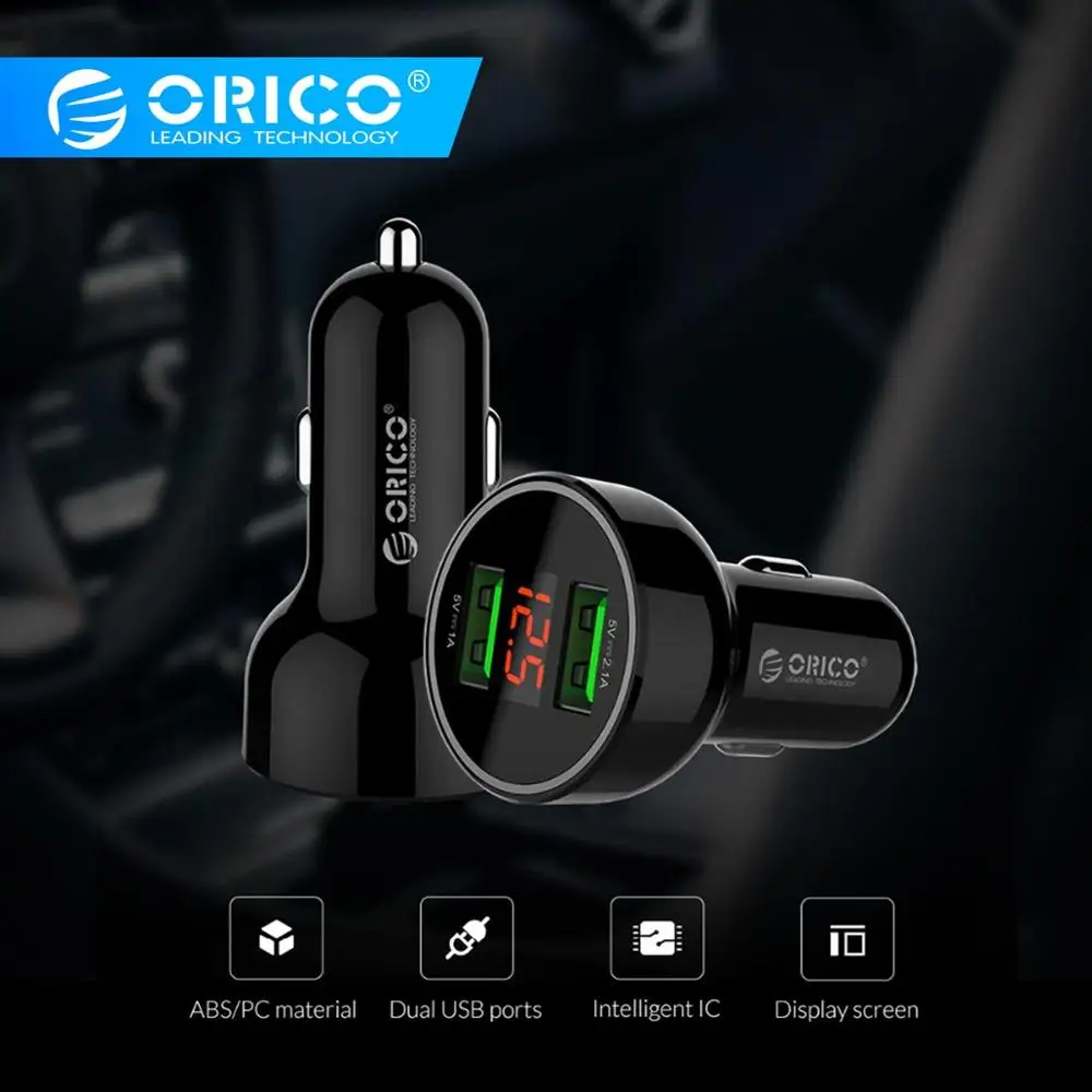 

ORICO UPK-2U 15.5W LED Display USB Car Charge ABS Mini Dual USB Charging Phone Charger Car-Charger for iPhone 7 8 Plus Samsung