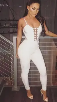 

Top Quality Women Jumpsuit Strap Black White Solid Ring Bandage Jumpsuit