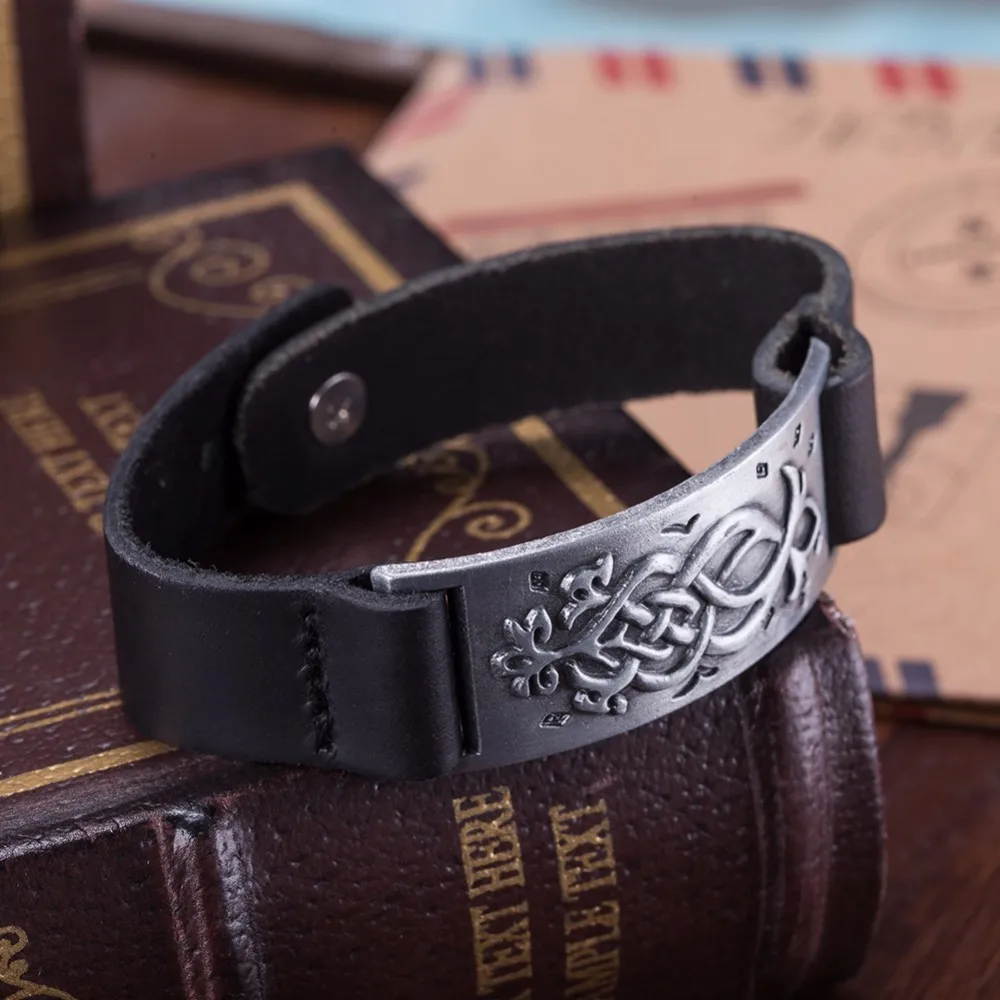 black leather bracelet for women men watch bangle with silver plated sculpture square design charm chain handmade bijouterie HF101 (9)