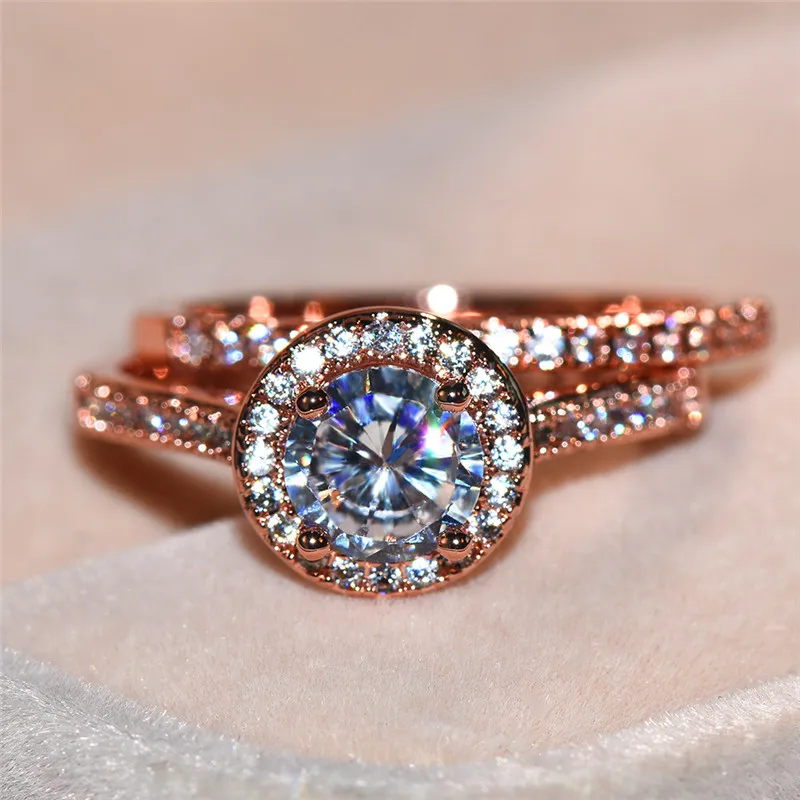 

Luxury Female Crystal Zircon Stone Ring Set 18KT Rose Gold Wedding Rings For Women Bridal Set Promise Engagement Ring