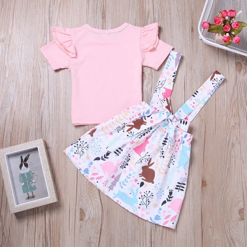 

Summer Baby Girl Short Sleeve Flare Sleeve Cotton T-shirt Blouse Floral Strap Skirts Casual Outfits Set