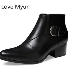 Новинка; сезон осень-зима; мужские ботинки из натуральной кожи с острым носком на высоком каблуке; Мужская обувь; модные плюшевые ботильоны на молнии с пряжкой