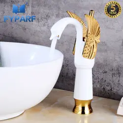 FYPARF очень высокое качество Tall раковина кран Ванная комната смеситель на бортике ЛЕБЕДЬ кран золотой и белый холодной и горячей бассейна