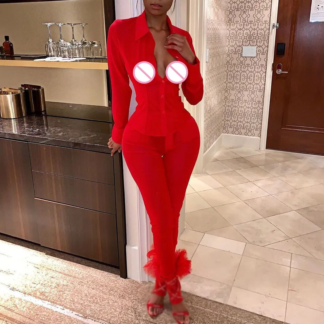 

Mesh See Through Sexy Women Outfits Women Long Sleeve Buttons Summer Suits Casual Skinny Pencil Pants Two Piece Sets