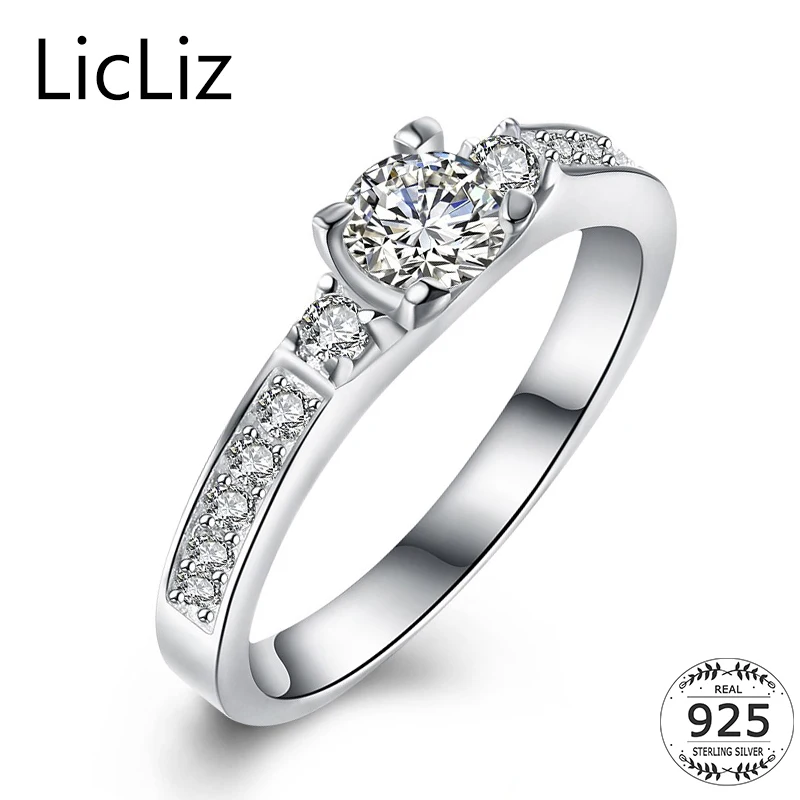 

LicLiz 100% Real 925 Sterling Silver Solitaire Ring Engagement Wedding Bands For Women Micro Paved CZ Crystal Bridal Ring LR0583