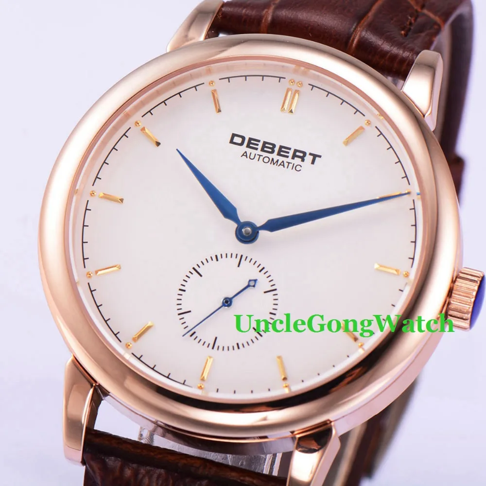 Debert 40mm White Dial Blue Hand Brown Leather Strap Sapphire Glass Rosegold Polished Case Mens Mechanical Watches 