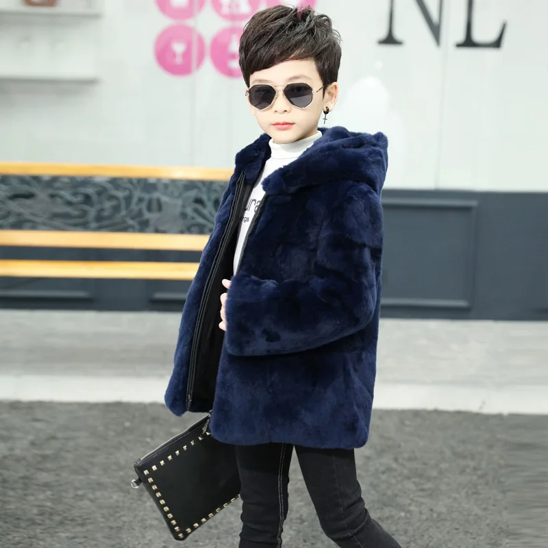 

New Autumn and Winter Rabbit Fur Children's Fashion Coats Boy Natural Rex Rabbit with Fox Fur Collar Jacket Leather Outerwear