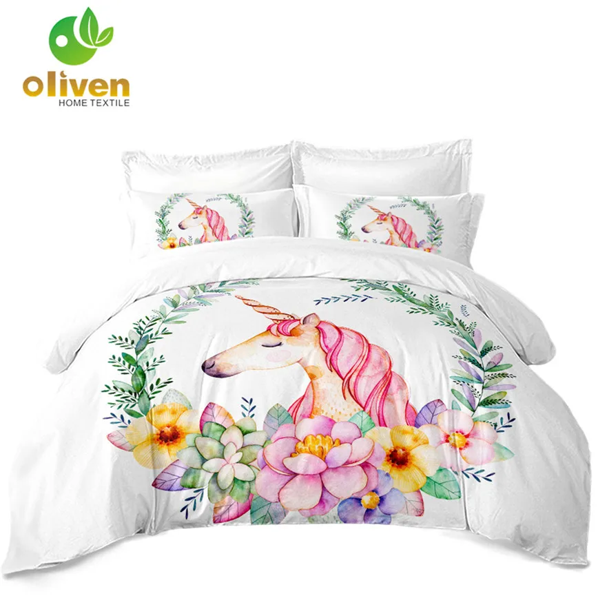 Billige Prinzessin Einhorn Bettwäsche Set Mädchen Cartoon Bettbezug set Blumen Kaktus Druck Bett Abdeckung Kissenbezug Weiche Bettwäsche 3 stücke D35