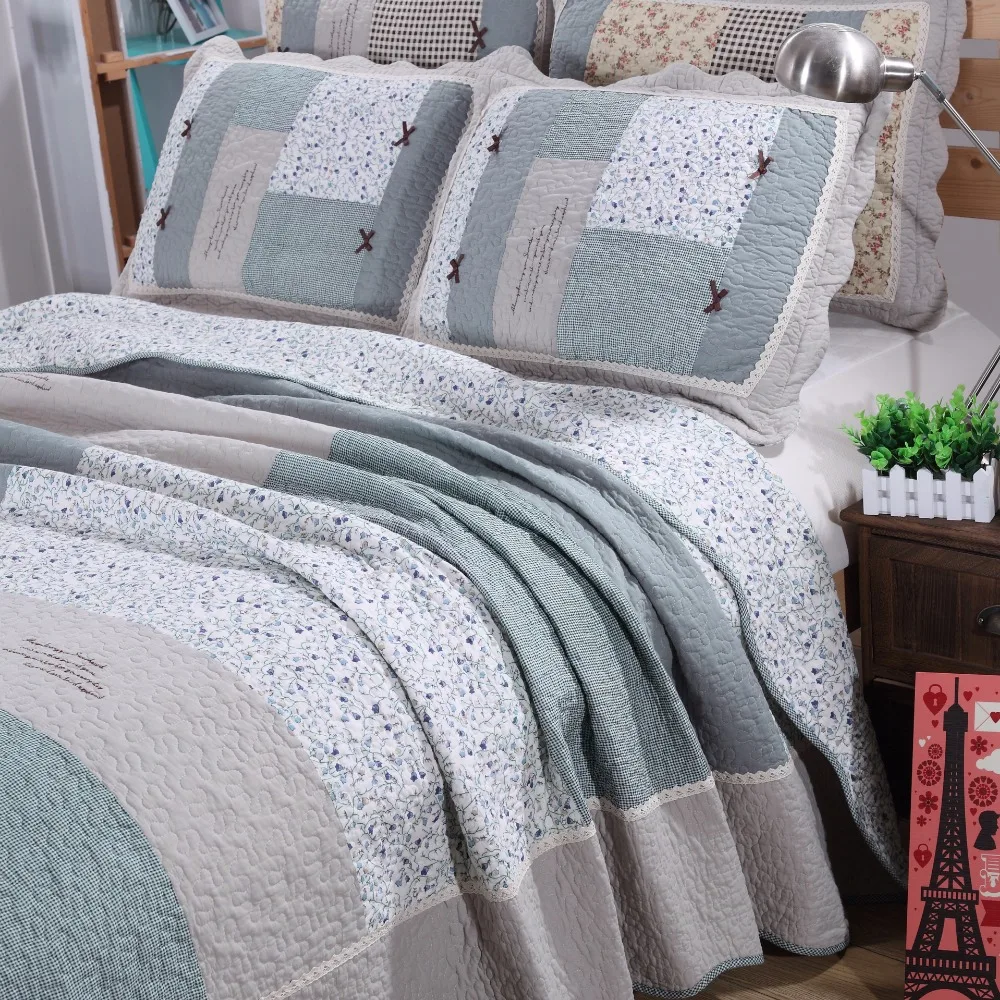 CHAUSUB Real Patchwork Quilt Set 3pcs Cotton Quilts Quilted Bedspread Floral Bed Cover Sheets Pillowcase coverlet King Size