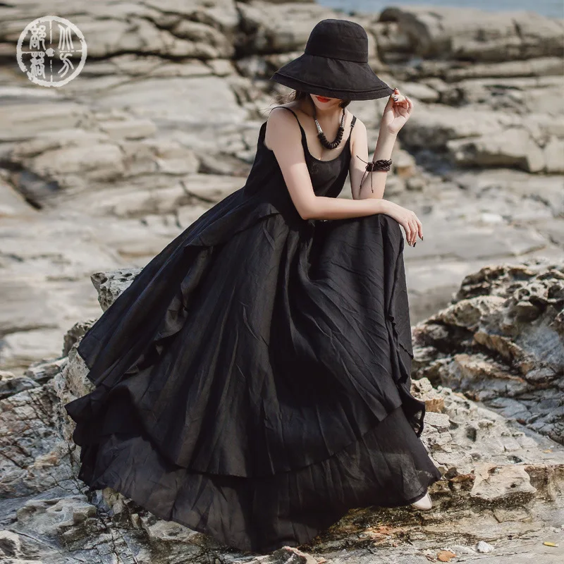 LANMREM летняя новая одежда для отдыха в пляжном стиле, однотонное свободное платье с большим подолом без рукавов, Двухслойное сексуальное платье на бретельках QH9370 - Цвет: black