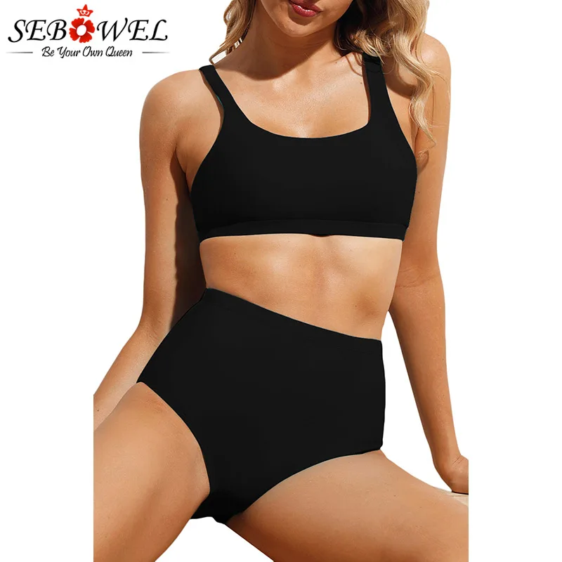

SEBOWEL Black High Waist Bikini Women Two Piece Set Swimwear Beach Sport Bikinis 2018 Sexy Bathing Suit Maillot De Bain Femme