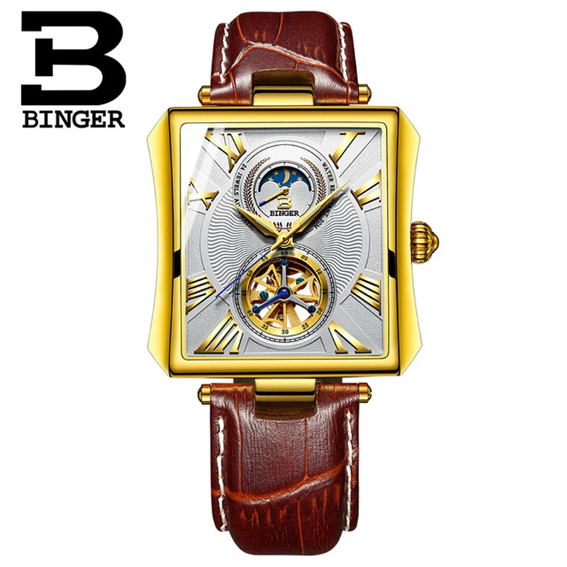 

2019 New Men's Watch creative Male Clock mechanical hollow moon phase display luminous pointer square personality Man Wristwatch