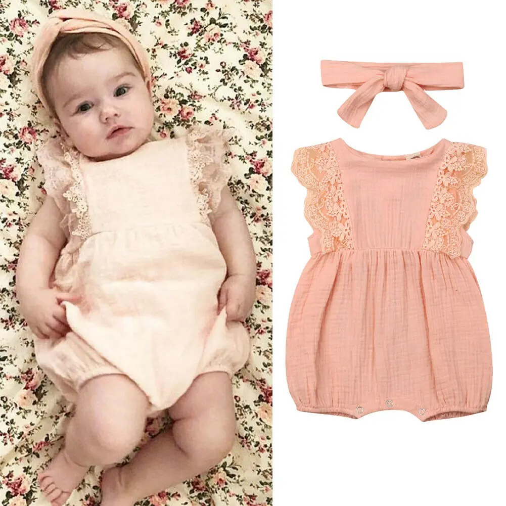 

Newborn Kids Baby Girls Cotton Lace Solid Romper+Headband Clothes 0-24M