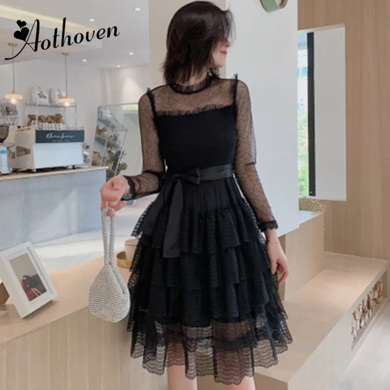 

Spring Mesh Patchwork Cascading Ruffle Luxury Sashes Princess Dress Women Long Sleeve O Neck Dress Bandage Elegant Party Dresses