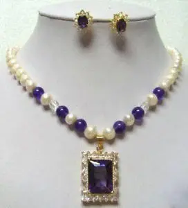 

hot Free shipping 7-8MM FW pearl amethyst pendant necklace earring set (A0423)
