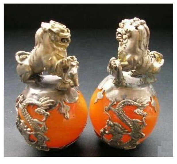 Free shippingMetal Crafts PAIR OF CHINESE green JADE &SILVER FOO DOGS