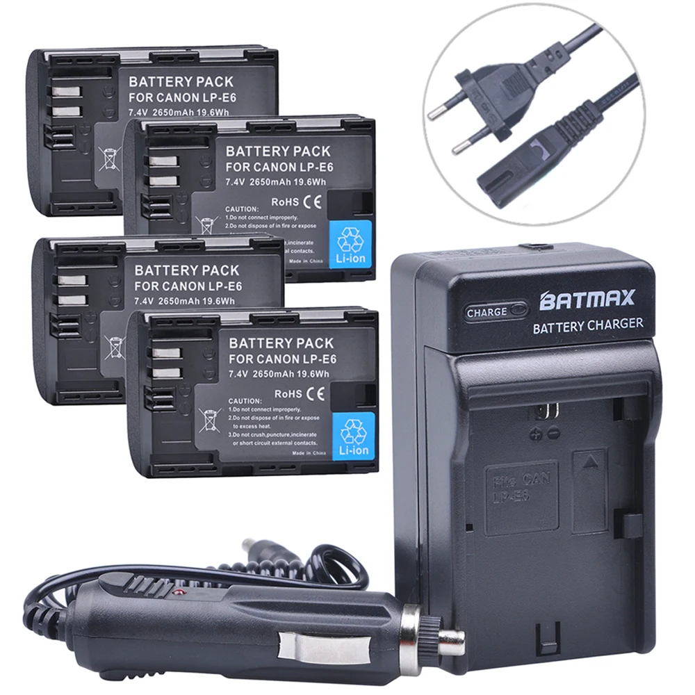 4Pcs 2650mAh LP E6 LP E6 E6N Battery AC Car Charger kits for Canon DSLR EOS