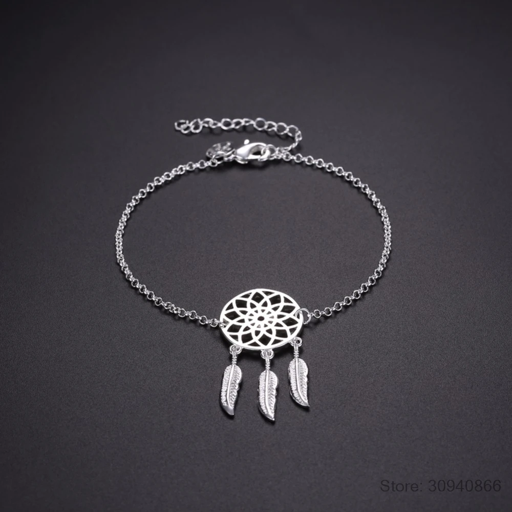 LEKANI 925 стерлингового серебра Ловец снов браслет для женщин Ловец снов из перьев браслеты и браслеты серебряные ювелирные изделия